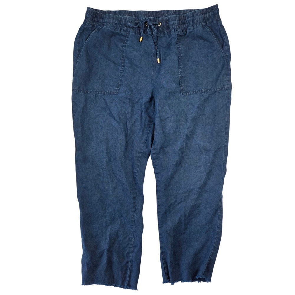 Company Ellen Tracy Womens Linen Pants Admiral Blue Drawstring Raw Hem Large